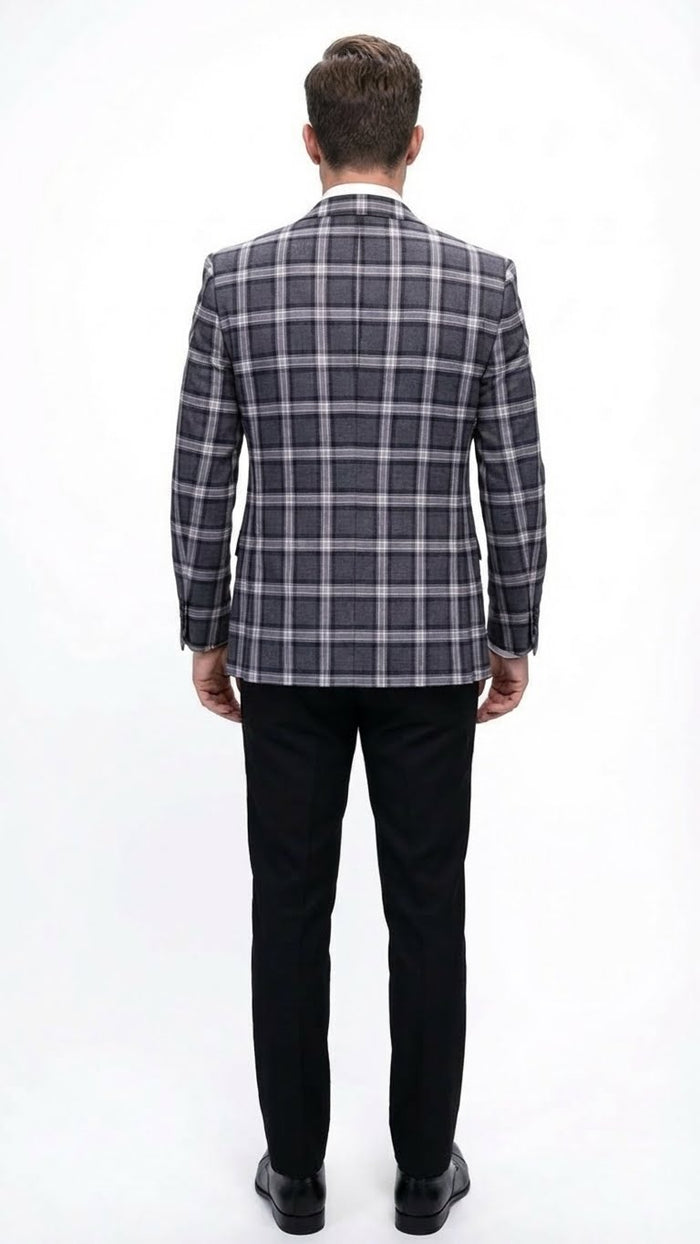 Men’s Big and Tall Charcoal Gray and Black Plaid Blazer - Grey Checker Windowpane Sport Coat by USA Men's Outlet