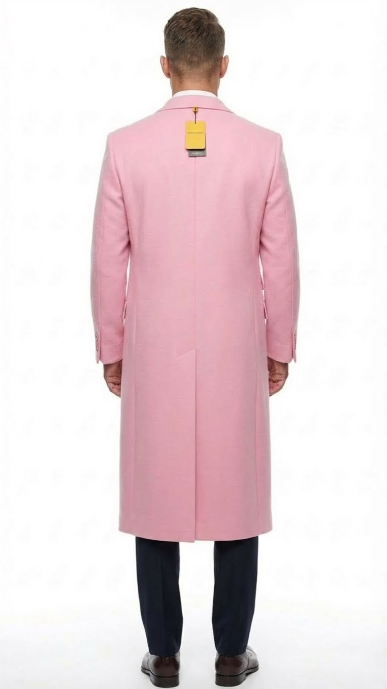 Men’s Pink Wool Blend Long Overcoat - Slim Fit Tailored Winter Coat - Carcoat - Topcoat by USA Men's Outlet