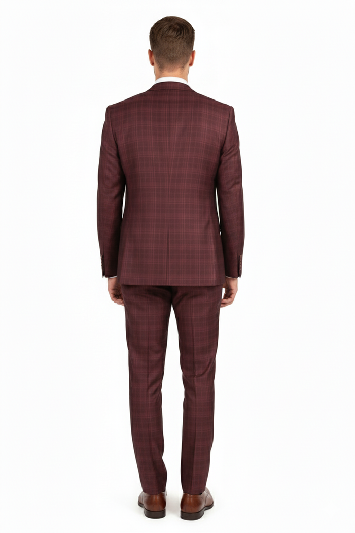 Men’s Burgundy Checkered 3-Piece Suit - Windowpane Classic Fit Plaid Blazer with Vest and Pants by Usamensoutlet