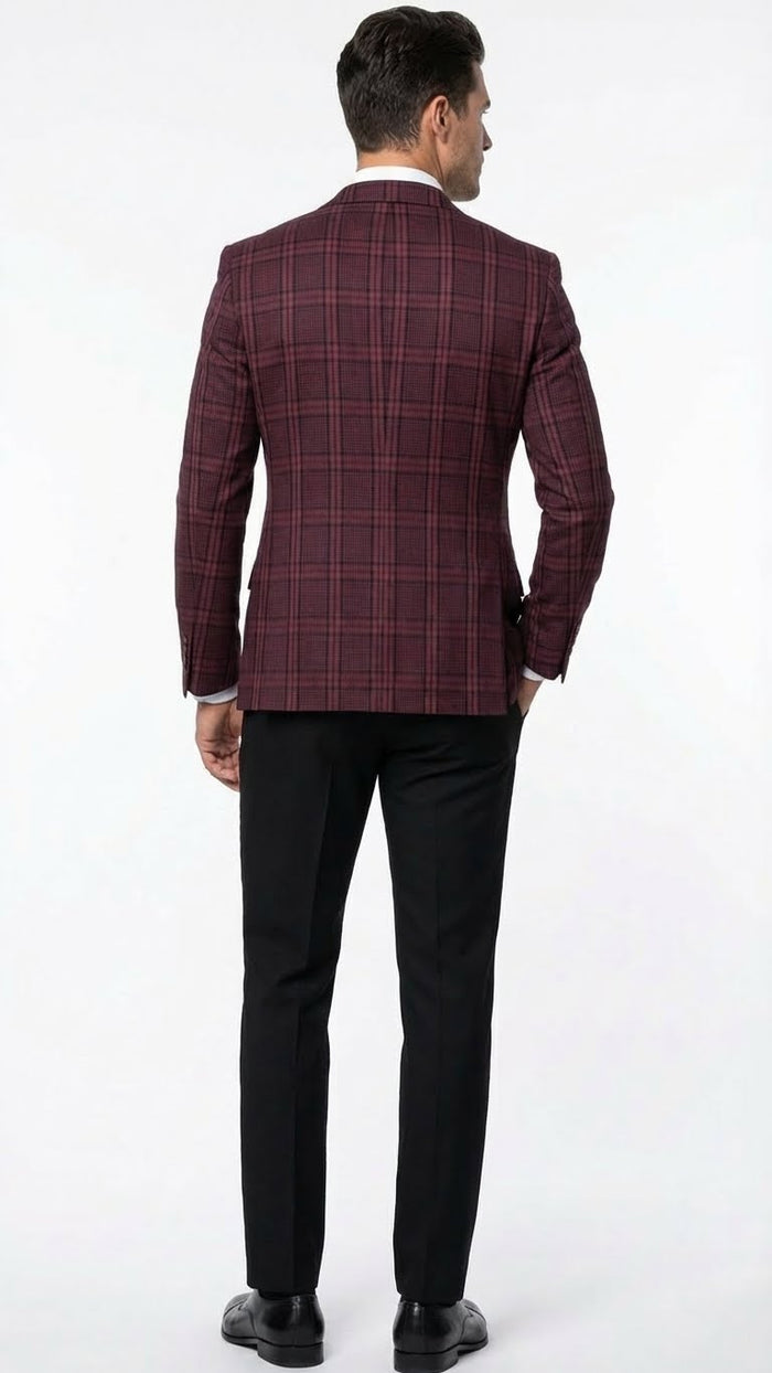 Men’s Burgundy Check Blazer - Windowpane Plaid blazer in Maroon Wine Color USA Men's Outlet