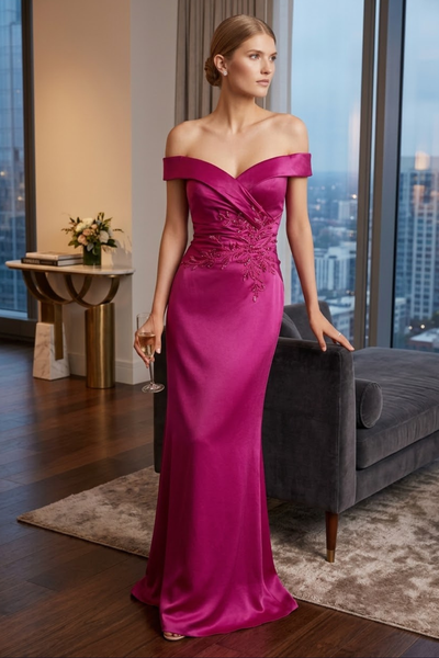 Nox Anabel MT108 Stunning Off-Shoulder Satin Fitted Gown