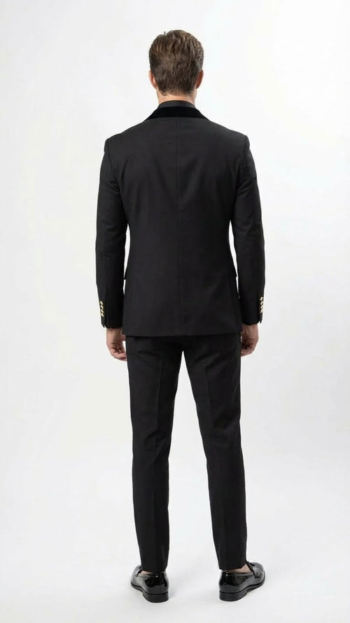 Men’s Black Double Breasted Tuxedo Suit - Luxury Formal Dinner Jacket Gold Buttons Velvet Lapel by USA Men's Outlet