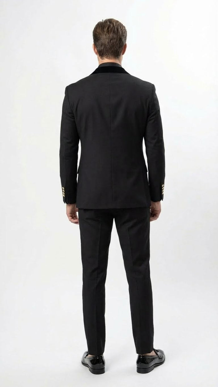 Men’s Black Double Breasted Tuxedo Suit - Luxury Formal Dinner Jacket Gold Buttons Velvet Lapel by USA Men's Outlet