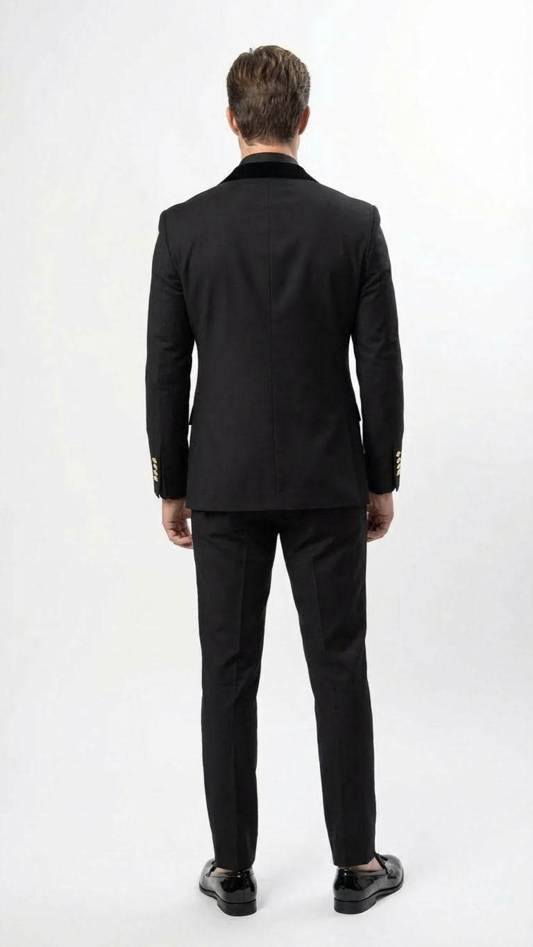 Men’s Black Double Breasted Tuxedo Suit - Luxury Formal Dinner Jacket Gold Buttons Velvet Lapel by USA Men's Outlet
