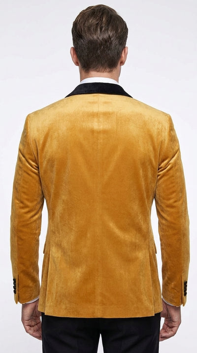 Men’s Velvet Gold Tuxedo Dinner Jacket – Black Shawl Lapel Wedding & Prom Blazer
