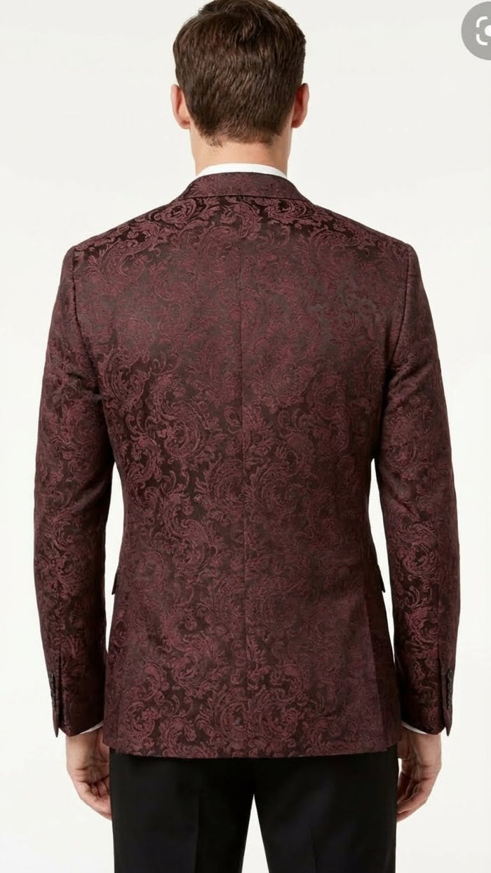 Men’s Burgundy Paisley Blazer Sport Coat - Velvet Dinner Jacket floral in Maroon Wine Color Ultra Slim Fit Smoking Jacket by USA Men's Outlet