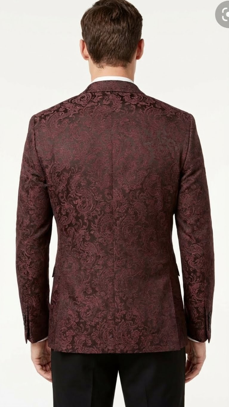 Men’s Burgundy Paisley Blazer Sport Coat - Velvet Dinner Jacket floral in Maroon Wine Color Ultra Slim Fit Smoking Jacket by USA Men's Outlet