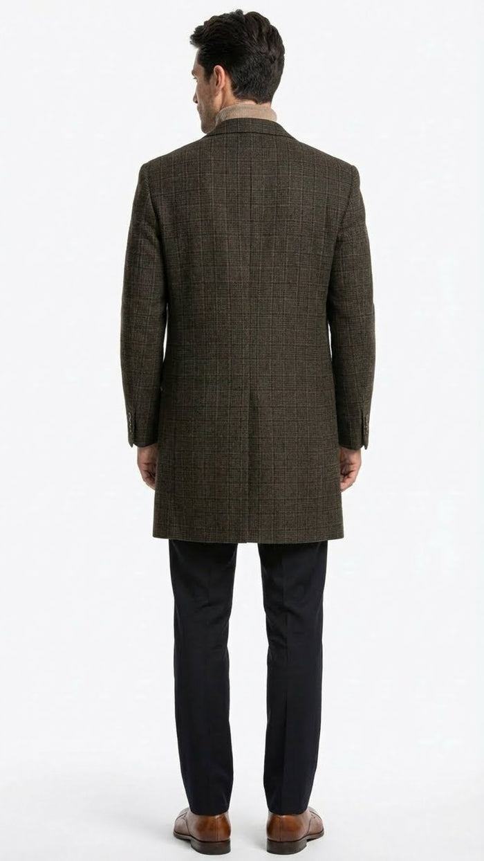Men’s Brown Checkered Wool Overcoat - Long Winter Coat with Classic Plaid Pattern By Statement USA Men's Outlet