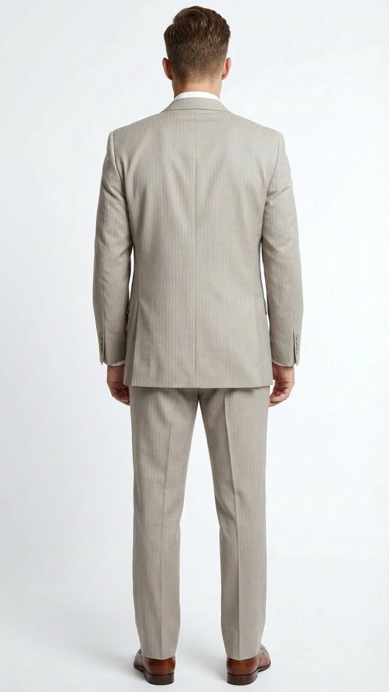 Men’s Light Tan Pinstripe 3 Piece Suit with Jacket, Vest, and Pants | Shadow Stripe Tone Tone Pleated Pants Classic