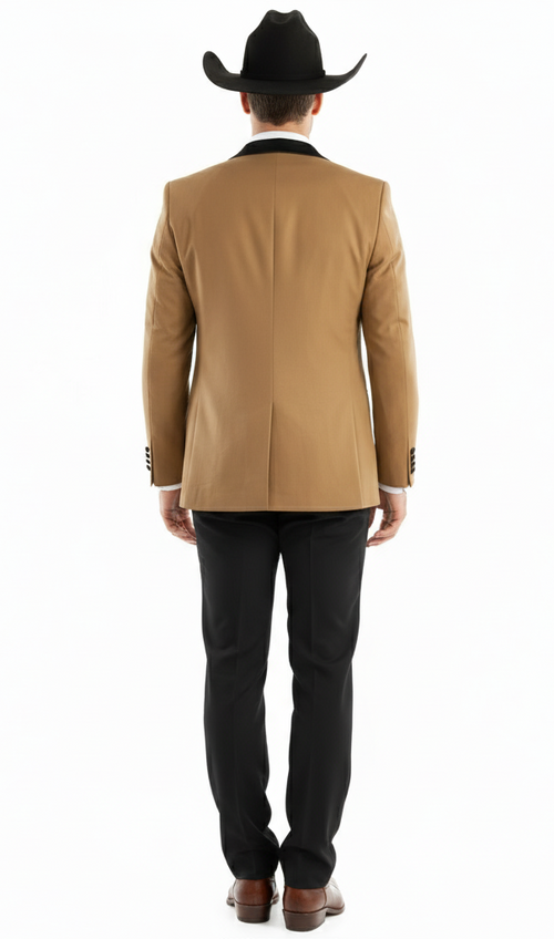 Men’s Western Cowboy Tuxedo - Tan and Black 3-Piece Suit with Satin Lapel and Vest in Mocca Coffee Color USA Men's Outlet