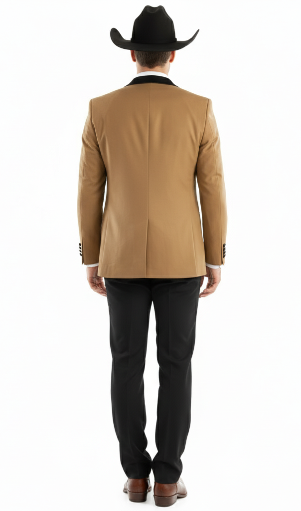 Men’s Western Cowboy Tuxedo - Tan and Black 3-Piece Suit with Satin Lapel and Vest in Mocca Coffee Color USA Men's Outlet