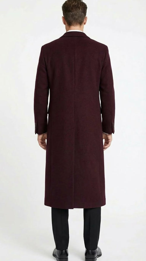 Men’s Burgundy Long Coat – Classic Fit Wool Blend Overcoat - Topcoat Full length