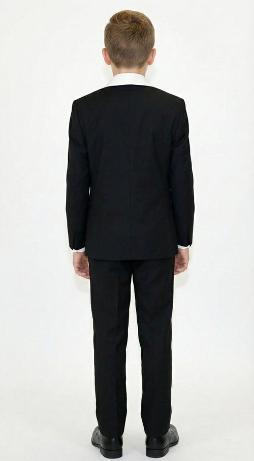 Boys Black Tuxedo Suit with White Shawl Lapel and Bow Tie | Formal Wedding & Prom Outfit Set