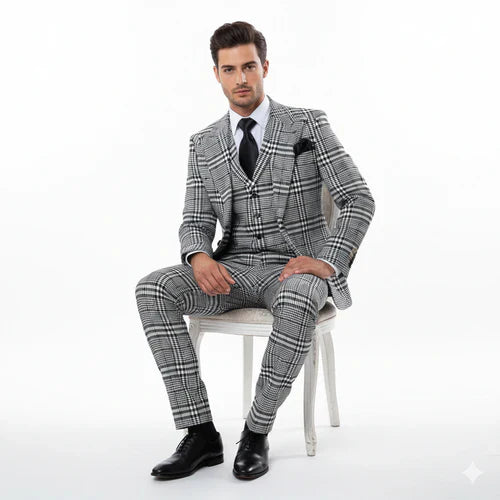 Suits With Baggy Pleated Pants - Wide Leg Pants 100% Wool - Classic Fit in One Button 3 Piece Suit by Rossiman by USA Men's Outlet