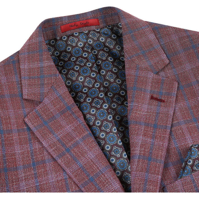 Mens Two Button Classic Fit Sport Coat Blazer in Burgundy Red Windowpane Plaid by Renoirin