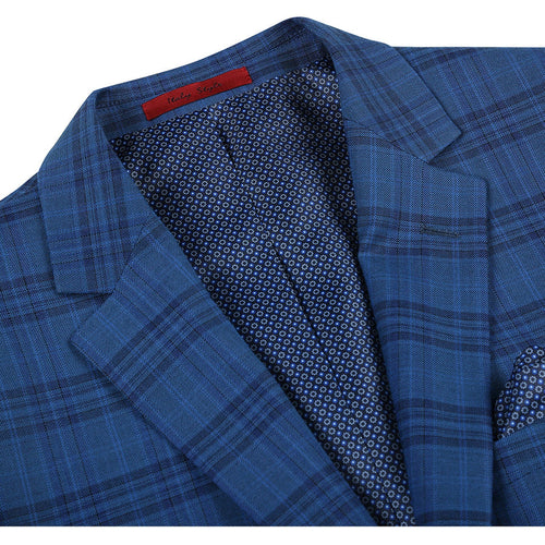 Mens Two Button Slim Fit Sport Coat Blazer in Medium Indigo Blue Windowpane Plaid by Renoirin