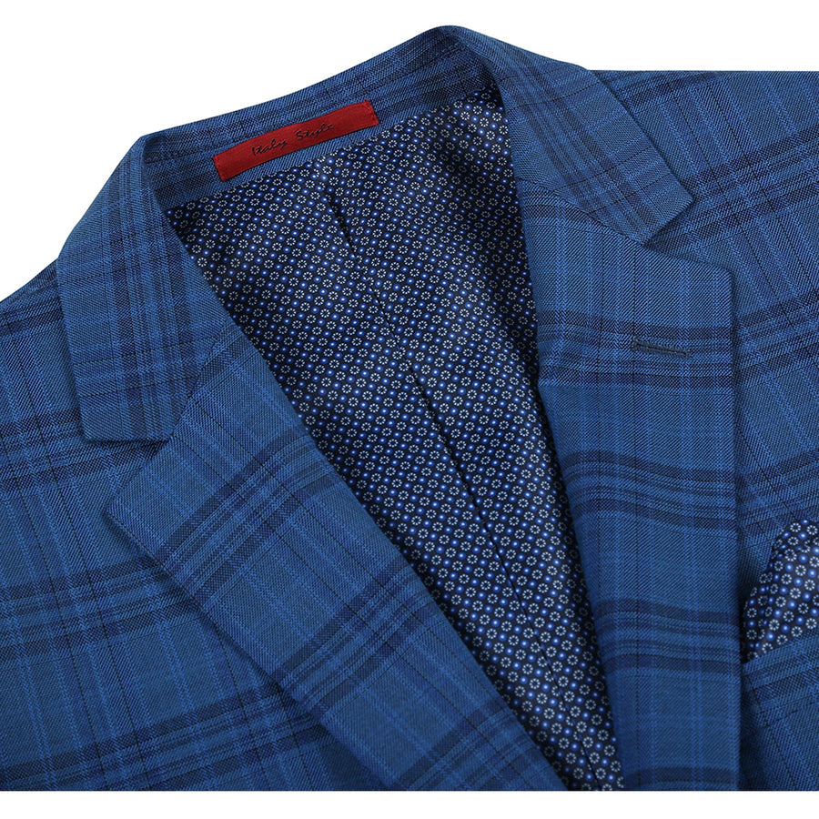 Mens Two Button Slim Fit Sport Coat Blazer in Medium Indigo Blue Windowpane Plaid by Renoirin
