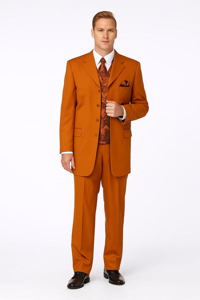 Mens Rust 3-Piece Fashion Suit – Notch Lapel with Paisley Vest, Tie and Pocket Square - Zoot Suit