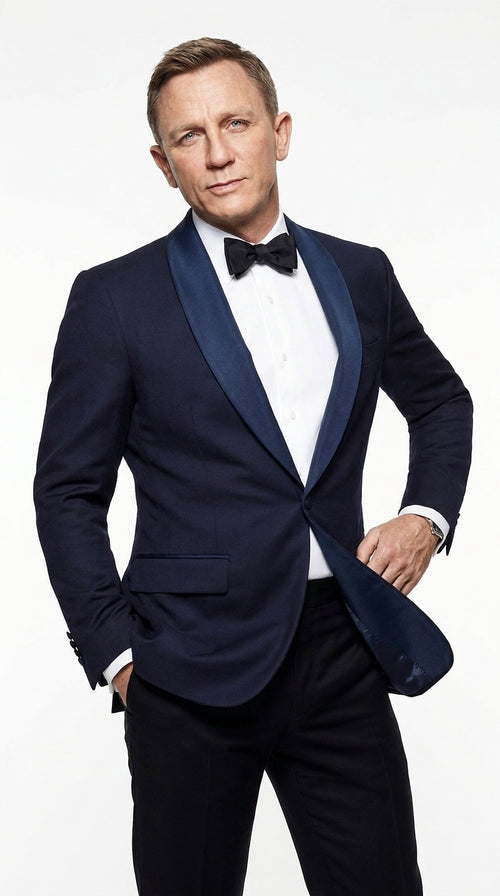 Men’s Navy James Bond Tuxedo Dinner Jacket – Satin Shawl Lapel Wedding, Prom and Black-Tie Blazer