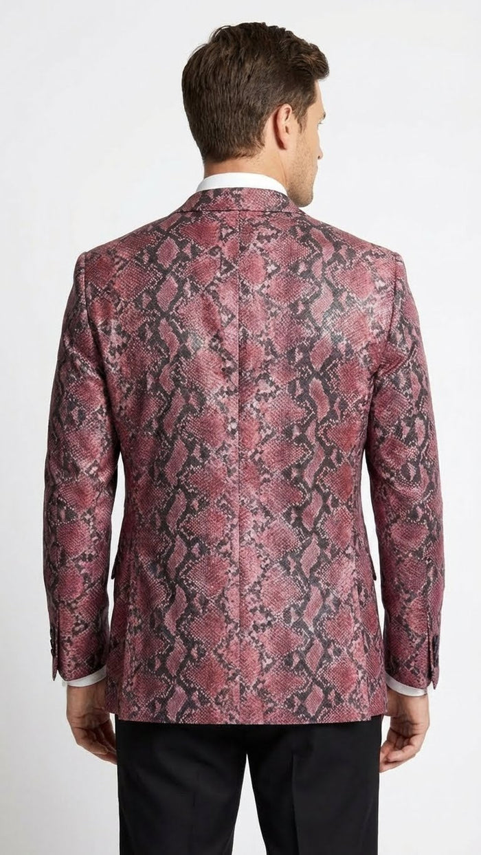 Men’s Burgundy and Black Snakeskin Print Blazer - Alligator Crocodile Sport Jacket Exotic Skin by USA Men's Outlet