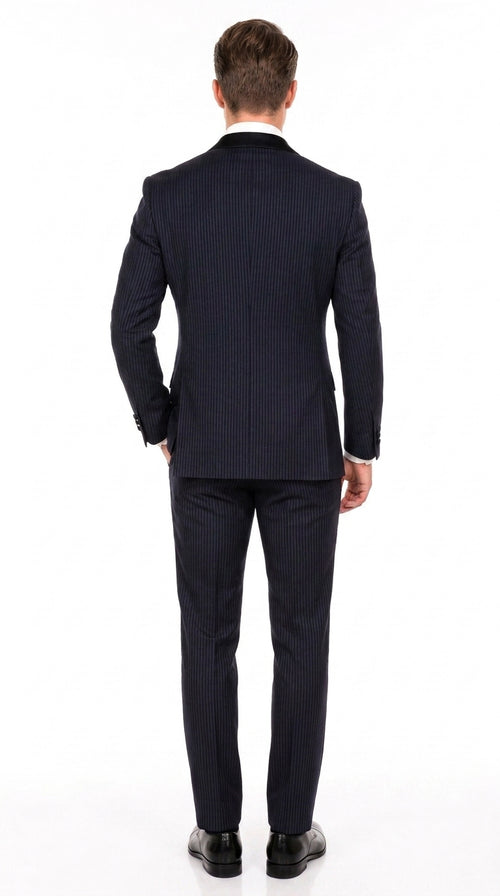Men’s Navy Blue Double-Breasted Tuxedo – Tone-on-Tone Shadow Pinstripe Formal Wedding and Prom Suit