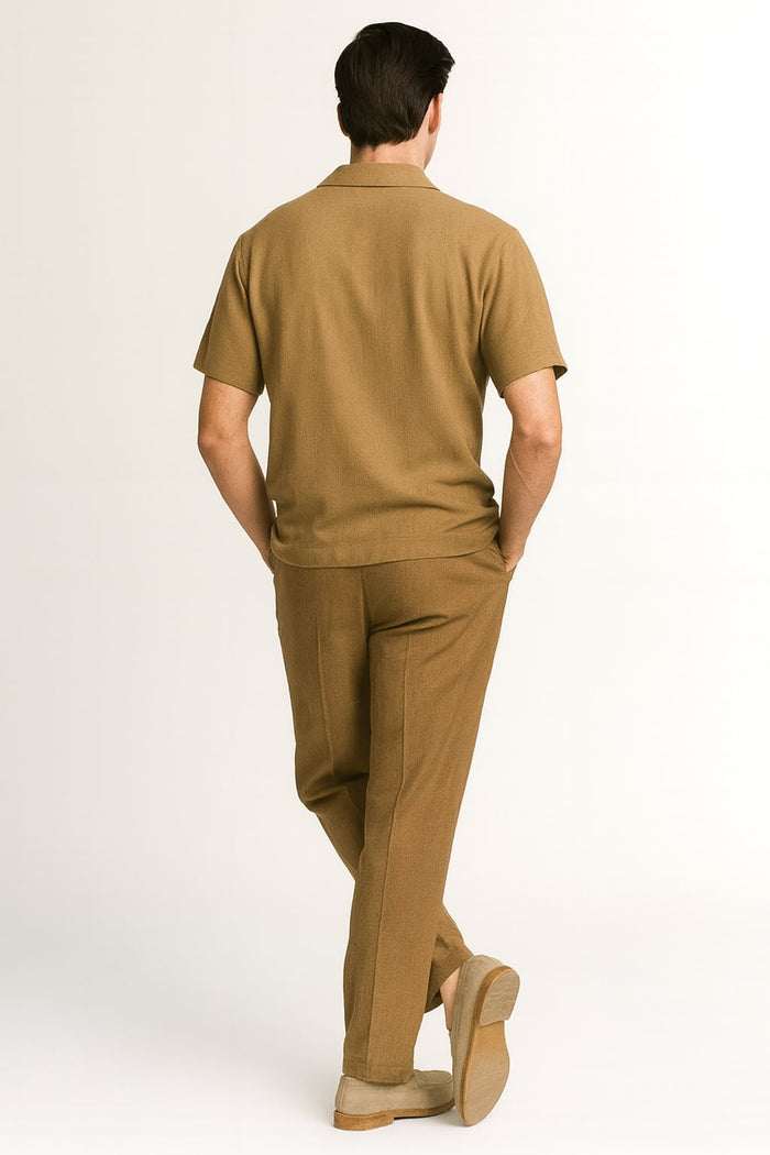 Mens Mocha Brown Short Sleeve Knit Walking Suit - Two-Piece Casual Button Down Set in Taupe Coffee Color USA Men's Outlet