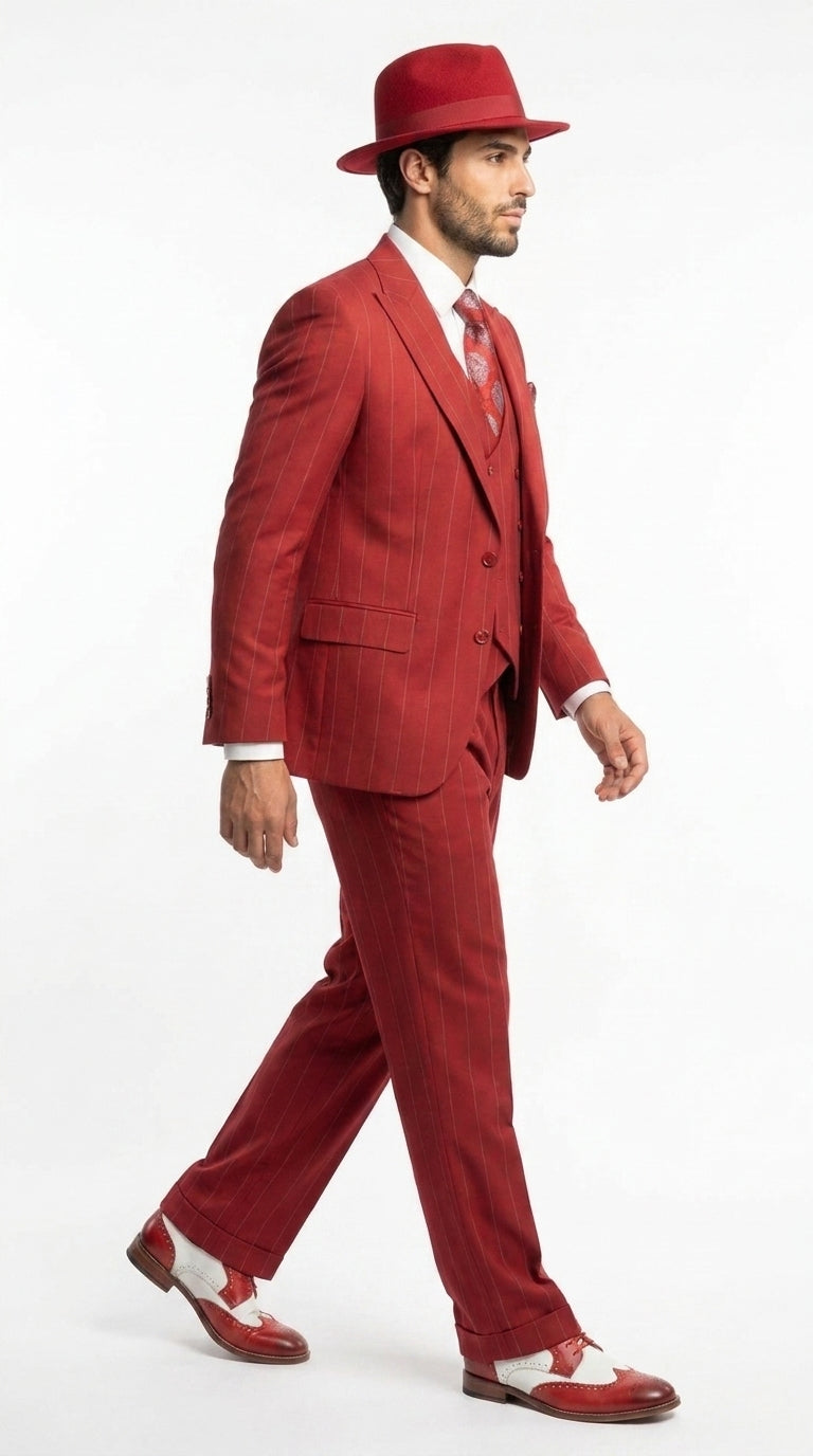 Men’s Red & White Pinstripe 3-Piece Suit by Mazari – Peak Lapel Classic Fit Gangster Suit with Pleated Pants