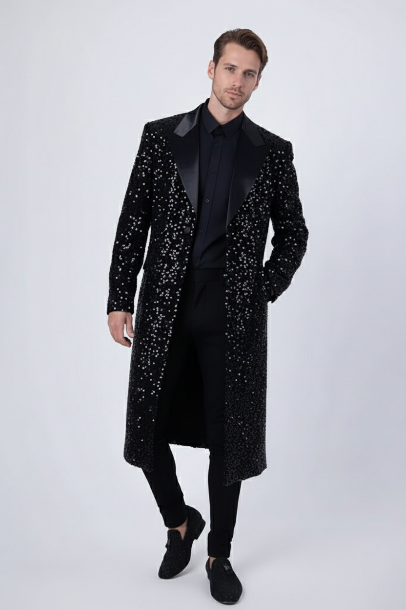 Men’s Black Sequin Long Coat with Satin Shawl Lapel – Luxury Statement Evening Overcoat