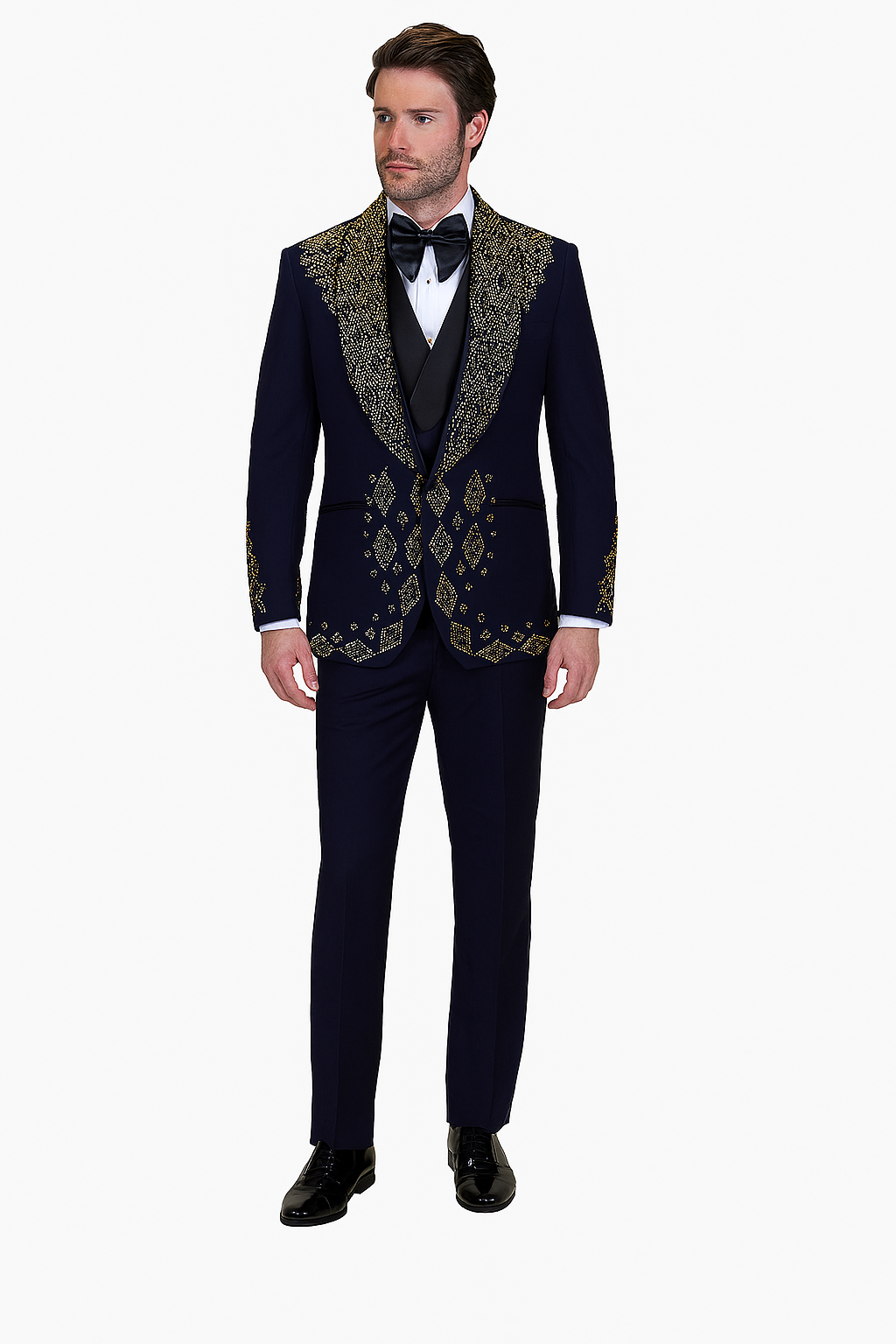 Men’s Navy Tuxedo with Gold Embroidery – Slim Fit Formal Dinner Jacket with Shawl Lapel – SuitUSA