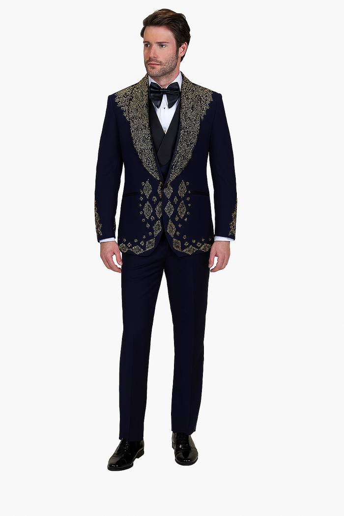 Men’s Navy Tuxedo with Gold Embroidery - Slim Fit Formal Dinner Jacket with Shawl Lapel by USA Men's Outlet