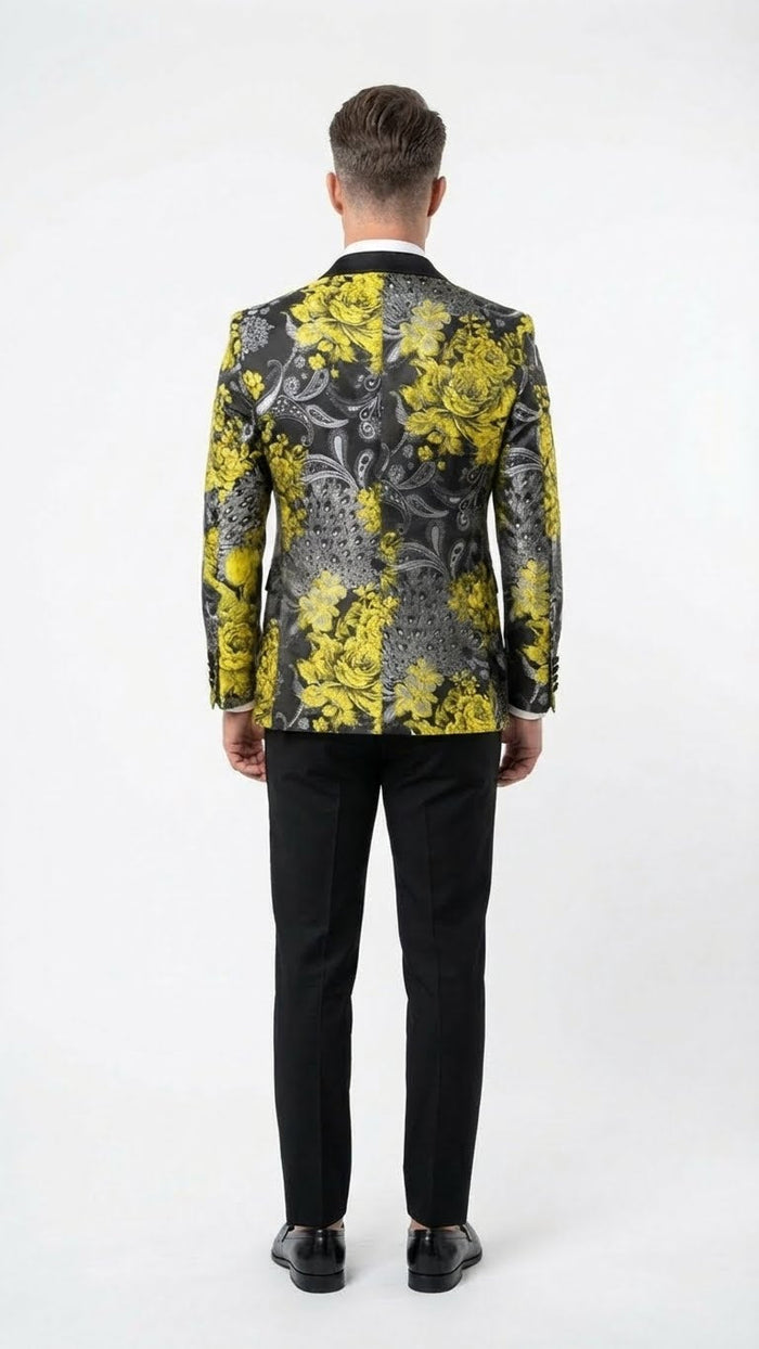 Men’s Yellow Tuxedo Black and Gold Floral Pattern Blazer - Formal Jacket - Prom Dinner Jacket + Black Pants + Bowtie by USA Men's Outlet