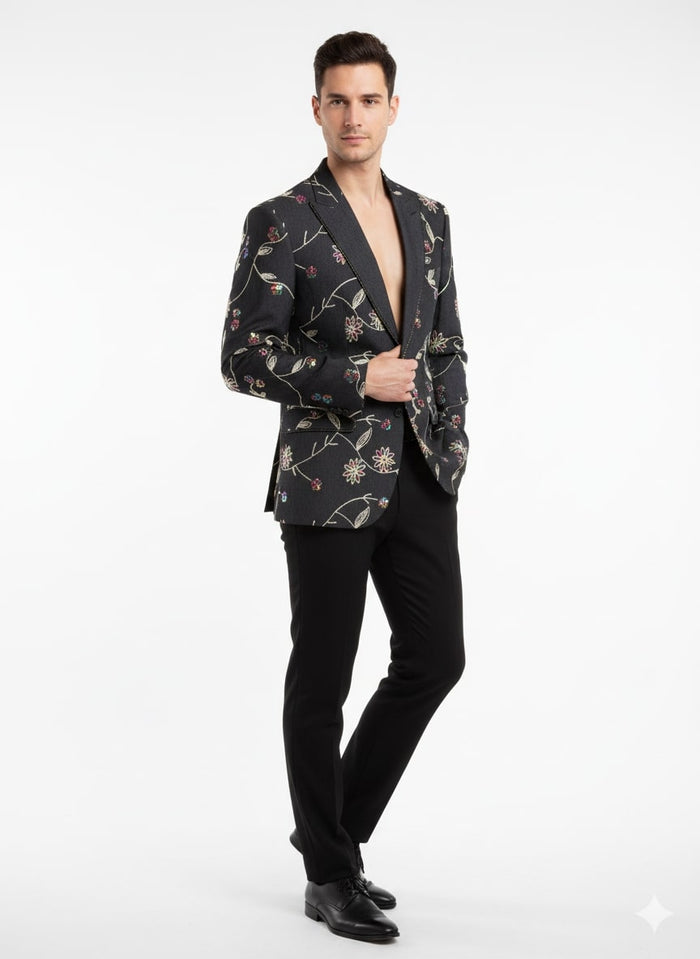 Luxury Black Floral Embroidered Blazer for Men - Designer Party and Wedding Wear Jacket by USA Men's Outlet