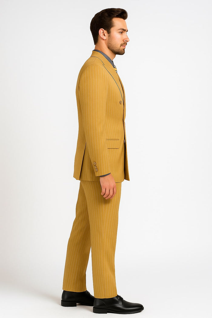 Mens Camel Tan Pinstripe Double-Breasted Suit - Bold 6-Button Modern Vintage Style by USA Men's Outlet