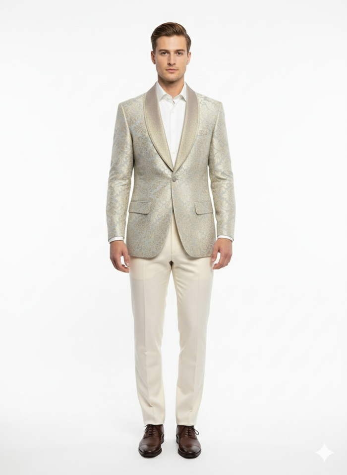 Men’s Champaign Silver and Cream Embroidered Luxury Blazer - Floral Pattern Wedding & Party Dinner Jacket in Light Tan Color by USA Men's Outlet