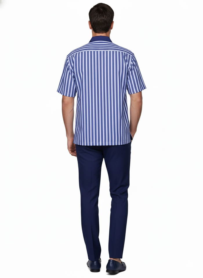 Men’s Blue and White Vertical Stripe Short Sleeve Shirt Set - Casual Summer Two-Piece Outfit by USA Men's Outlet