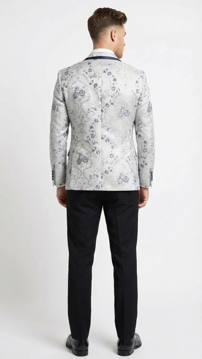 Men’s White and Navy Blue Lapel Floral Jacquard Blazer with Contrast Shawl Lapel - Luxury Wedding and Party Wear Jacket paisley Tuxedo Navy Pants by USA Men's Outlet