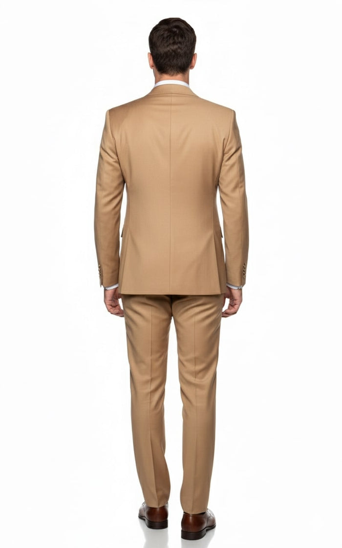 Mens Camel - Bronze - Goldish khaki Double-Breasted Suit - Luxury 2-Piece Formal Set with Gold Buttons and Peak Lapels by Rossi Man USA Men's Outlet