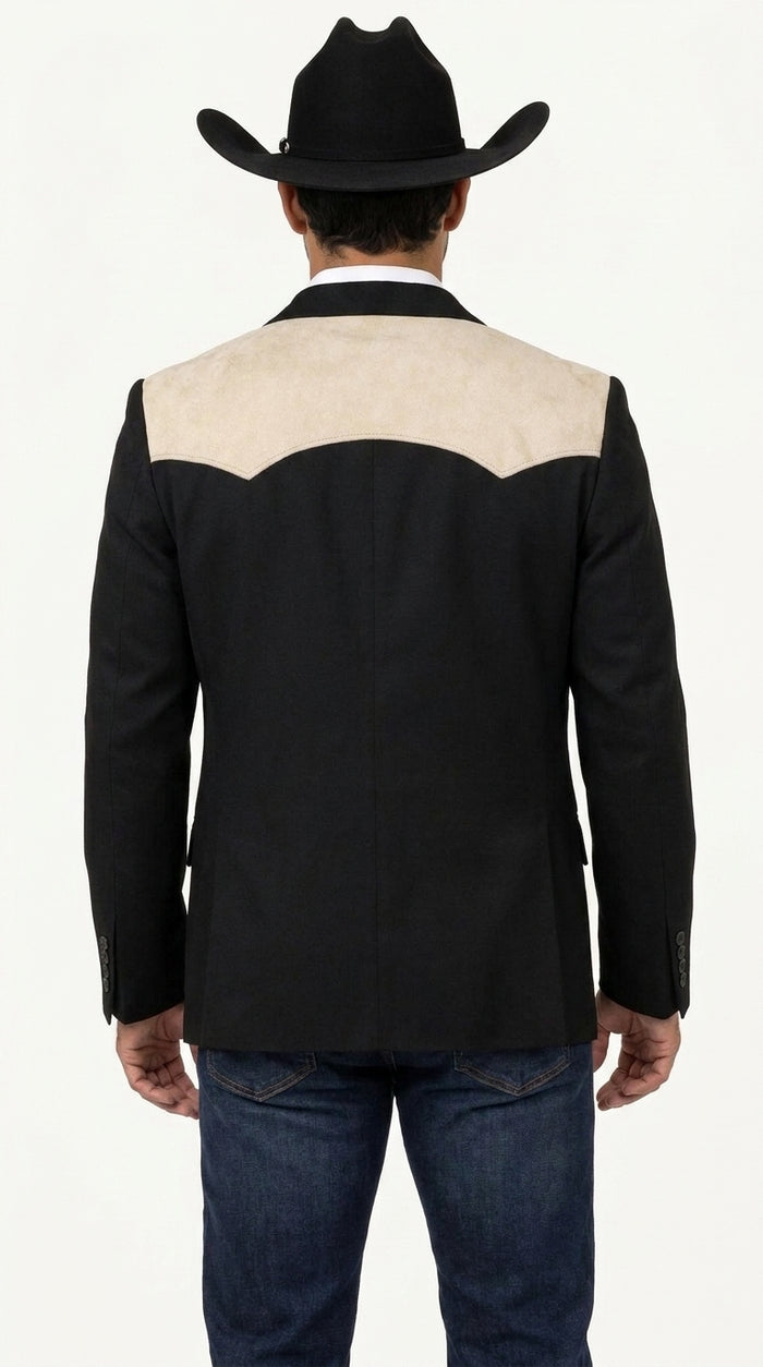 Men’s Black & Bone Tan Western Blazer – Cowboy Sport Coat with Suede Yoke for Rodeo, Ranch & Country Wear