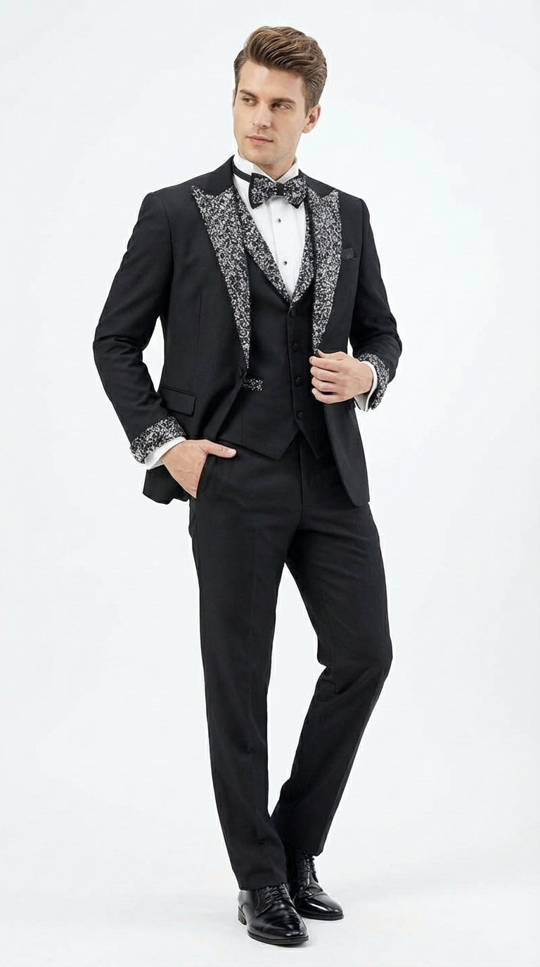 Mens Black and White Lapel Tuxedo Suit – Black Formal Tuxedo with White Pattern Lapel for Wedding, Prom and Evening Events