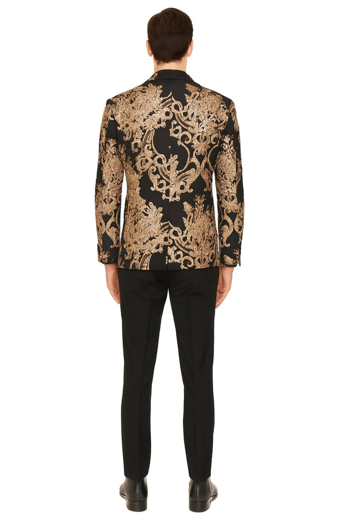 Mens Black and Rose Gold Floral Embroidered Blazer Suit Black Pants - Luxury Tuxedo Jacket for Weddings, Proms and Parties by USA Men's Outlet