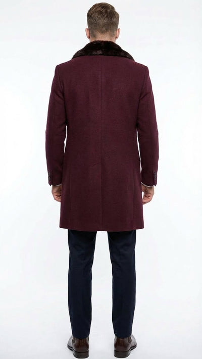 Men’s Burgundy Three Quarter Coat with Faux Fur Collar Overcoat - Luxury Winter Outerwear Three Quarter Carcoat Topcoat by USA Men's Outlet