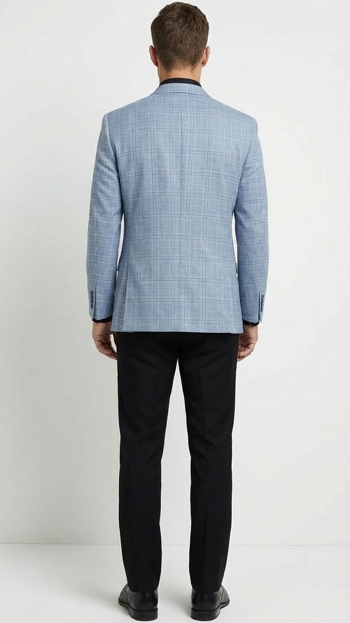 Men’s Big and Tall Light Blue Checkered Blazer and Sport Coat – Sky powder blue windowpane plaid pattern Jacket