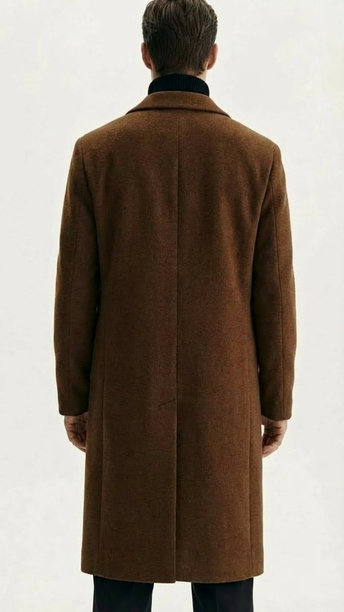 Men’s Brown Long Wool Overcoat - Topcoat Wool Carcoat Three Quarter by USA Men's Outlet