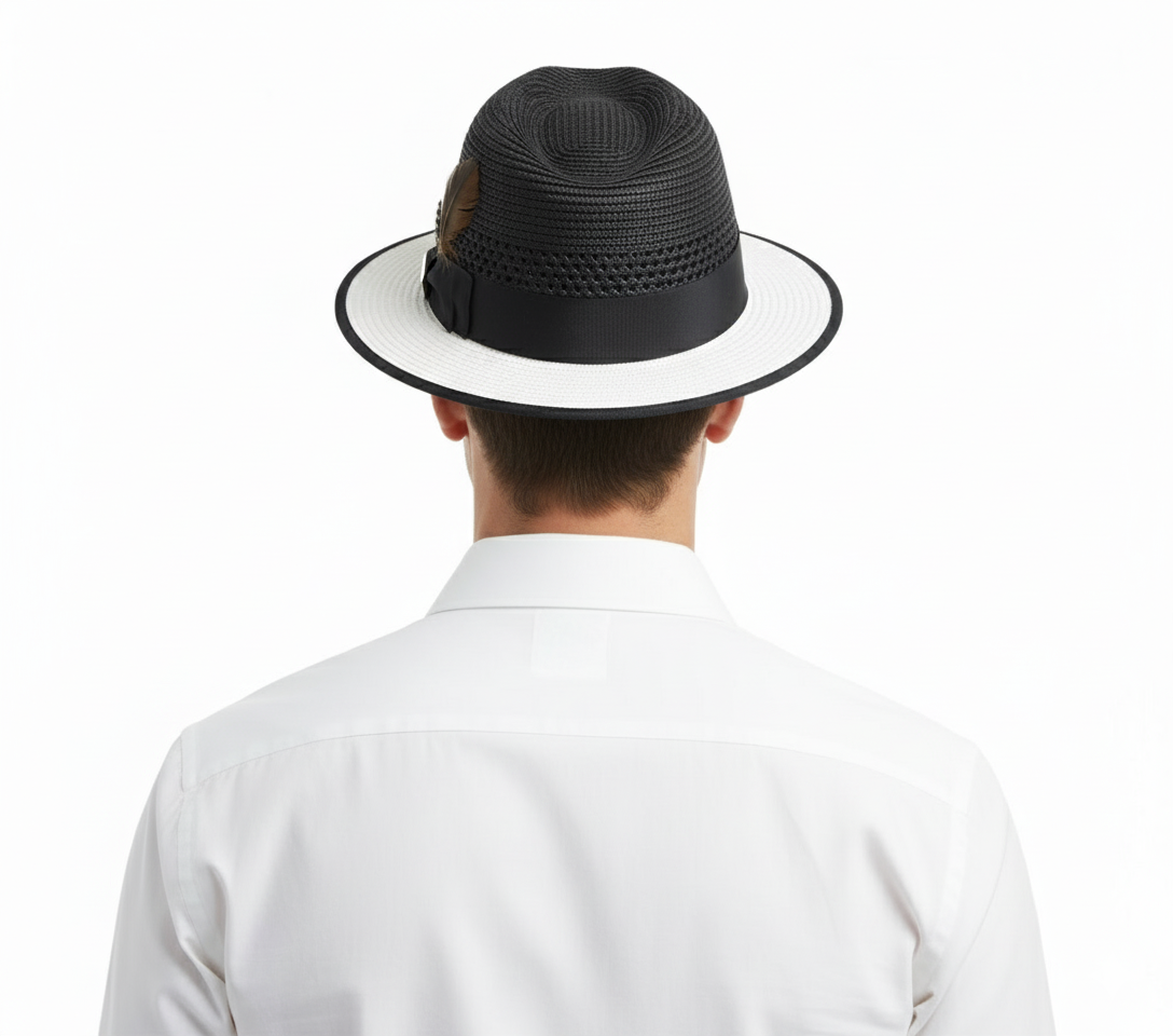 Men’s Two-Tone Black and White Fedora Hat with Feather Accent – Stylish Summer Dress Hat