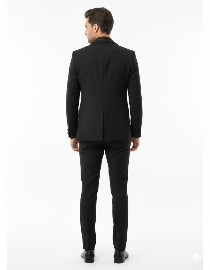 Mens Classic Black Designer Blazer with Beaded Lapel - Elegant Formal and Party Wear Dinner Jacket For Groom by USA Men's Outlet