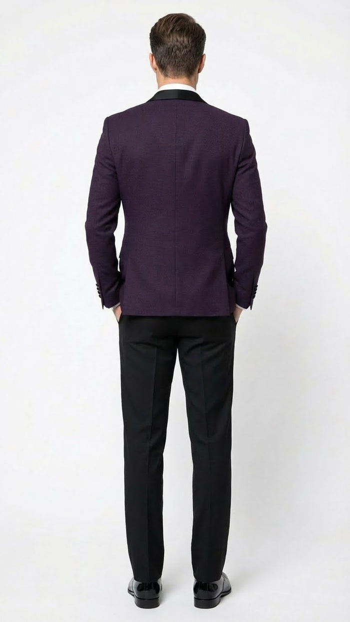 Men’s Eggplant Plum Purple Tuxedo Blazer with Satin Lapel, White Tuxedo Shirt and Matching Purple Bow Tie - Slim Fitted - Prom wedding Suit With Pants USA Men's Outlet