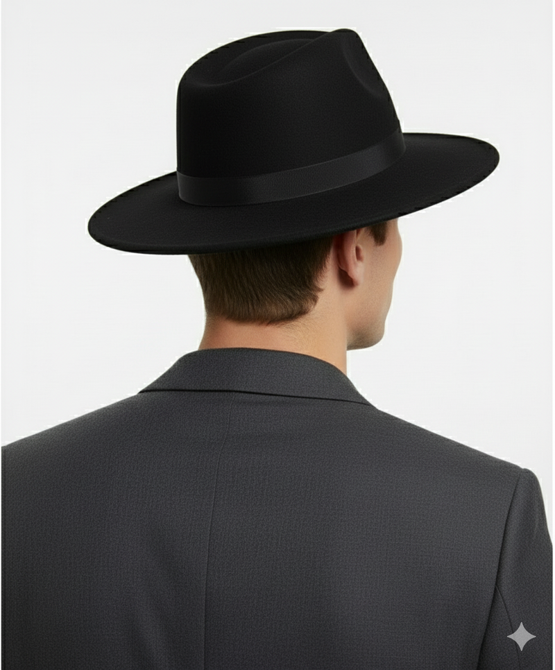 Men’s Black Wide Brim Fedora Hat – Classic Wool Felt Dress Hat with Matching Black Band