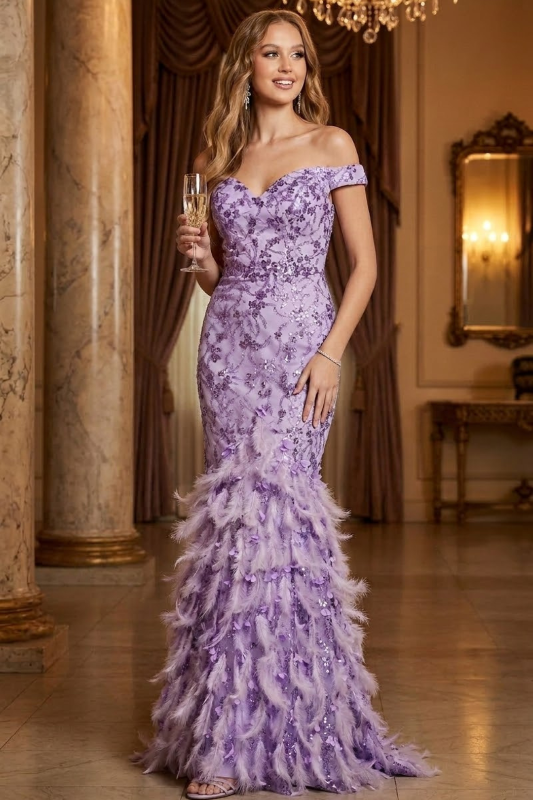 Nox Anabel C1106 Glamorous Glitter Prom Dress with Feather Skirt