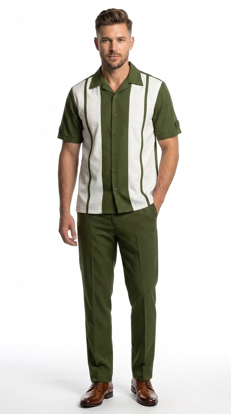 Men’s Olive Green and White Walking Suit – 2-Piece Short Sleeve Casual Leisure Outfit