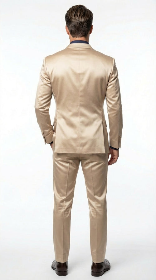 Mens Shiny Champagne Gold Two Piece Suit – Luxury Formal Satin Finish Suit for Wedding, Party and Evening Wear